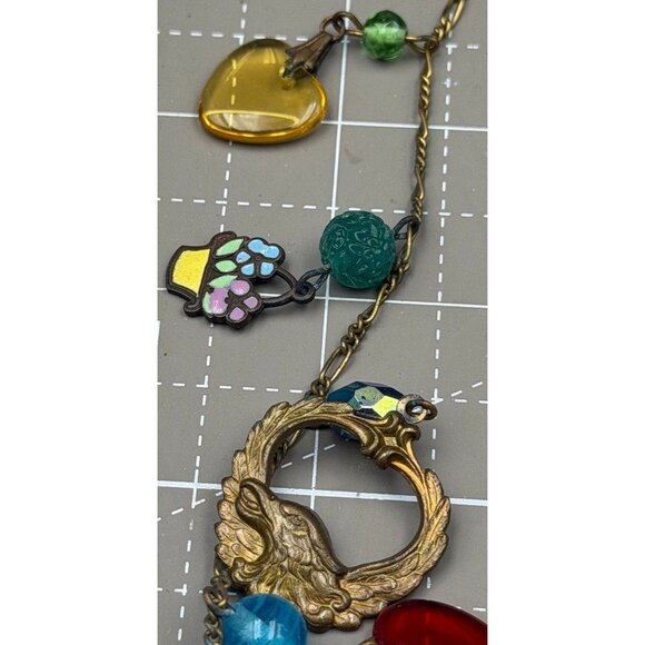 Vintage Glass Works Studio Charm Necklace Brass Glass Hearts Eagle Moon Stars Bo - Picture 5 of 7